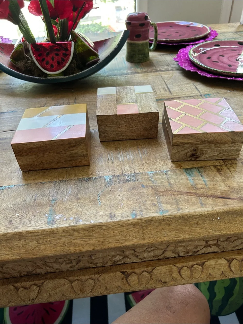 Set of 3 Decorative Wooden Trinket Boxes - Pink, Yellow, White Accent